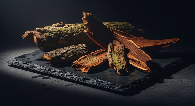 Cinchona bark pieces arranged elegantly on a dark textured slate surface, emphasizing the raw organic texture and medicinal history of quinine plant material.