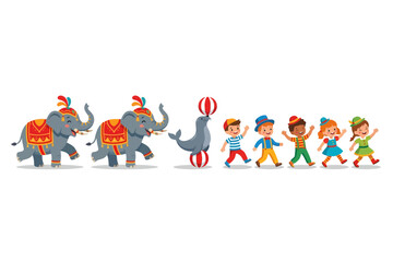 Circus Parade Illustration with Elephants Seal and Children © Pemburu