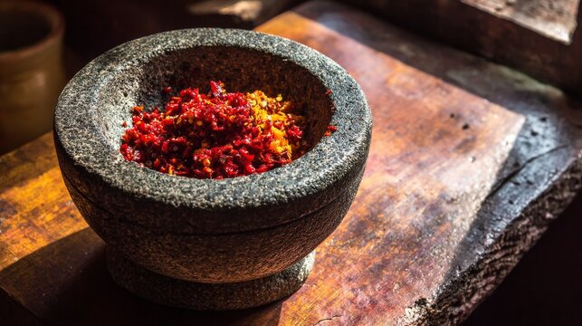 Stone Mortar Filled With Vibrant Spices Ready for Grinding