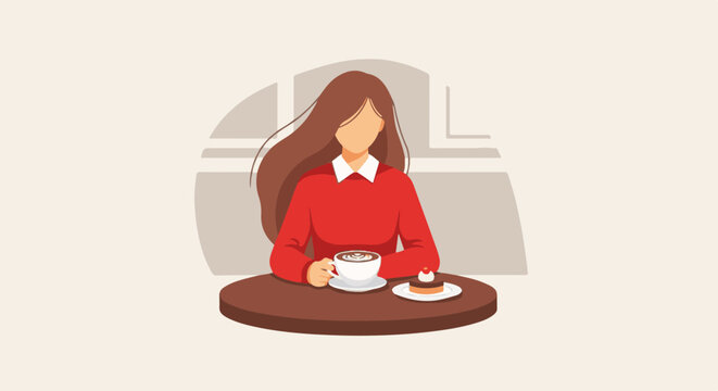 A person in a red sweater sits at a table with a coffee and a small cake