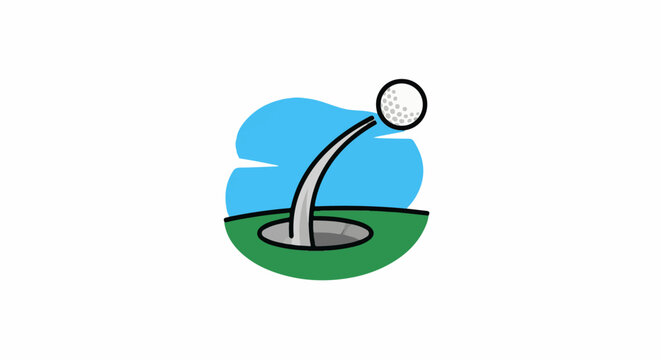 A golf ball is in mid-air above a hole on a green, with a blue sky in the background