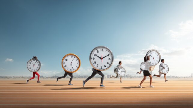 People with clocks for heads running on track, symbolizing time management. Surreal scene of individuals racing on track, each with clock face instead of head, representing constant race against time