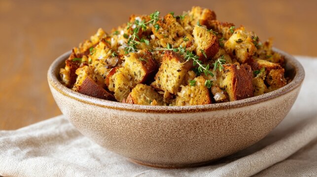 Homemade savory bread stuffing with fresh herbs in a rustic bowl. A close-up view of a warm, comforting bowl of homemade bread stuffing, seasoned with fresh herbs and spices, ready to be served