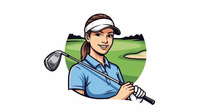 A female golfer in a blue shirt and visor smiles while holding a club on a green course