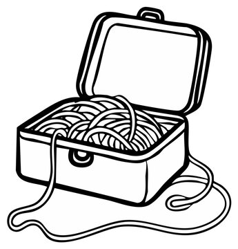 Open lunchbox with tangled spaghetti noodles and a dangling string strap