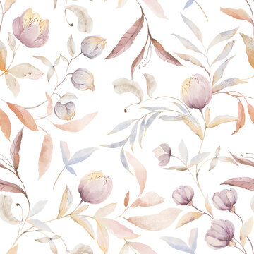 Abstract watercolor floral pattern of foliage branches with flowers, seamless isolated illustration for delicate fabric, home textile or repeat background. Hand-drawn whimsy print.