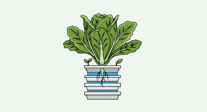 A green leafy plant is growing in a stacked hydroponic system with visible roots in water