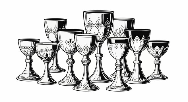A diverse collection of intricately decorated goblets, varying in size and design