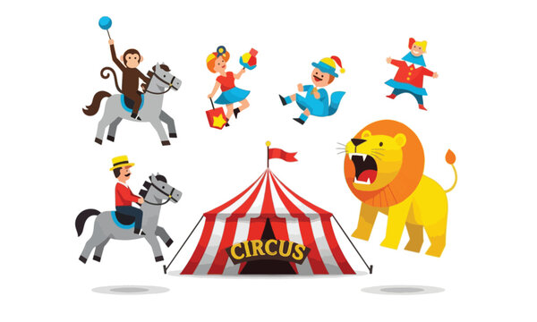 Circus characters and animals collection with striped tent