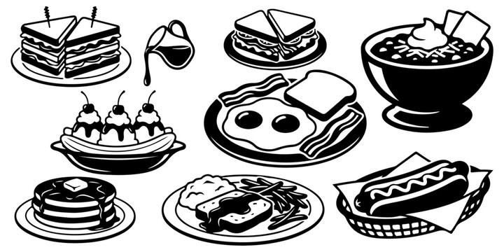 1950s american diner food menu black silhouette icon set with club sandwich, banana split, eggs bacon, pancakes, meatloaf, hot dog, chili bowl and syrup pourer in retro vintage style