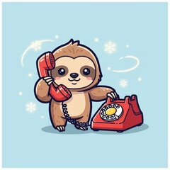 Fototapeta premium Sloth holding red rotary phone.