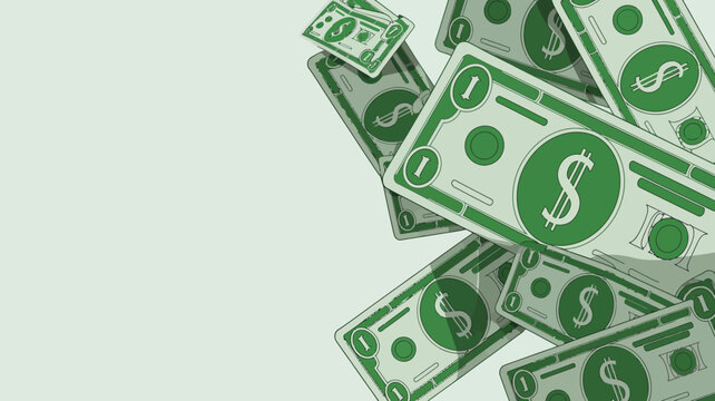 Stack of dollar bills with green dollar sign symbols and dots pattern overlay