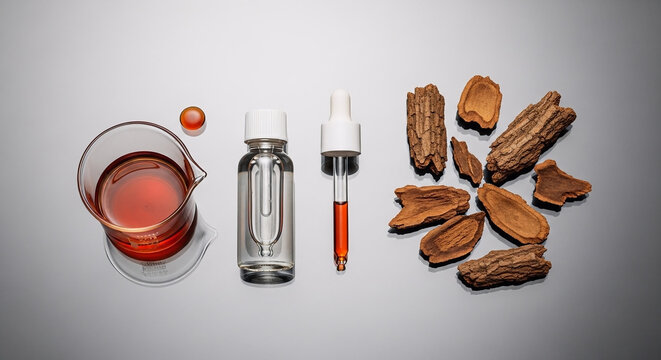 Cinchona bark extract preparation displayed with a laboratory beaker, medicinal oil dropper bottle, and raw wood chips arranged on a clean gray surface
