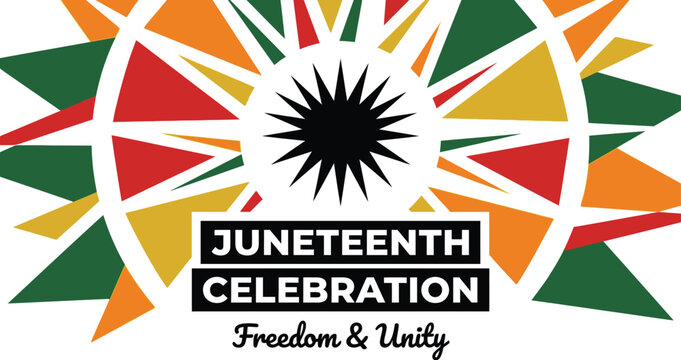 Sunburst graphic design features the Juneteenth celebration theme with bold lettering and vibrant colors to mark freedom and unity.