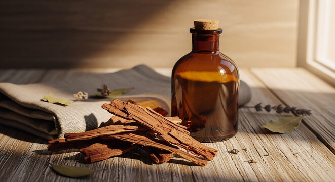 Cinchona bark pieces next to an amber essential oil glass bottle with a cork stopper on a rustic wooden table with natural morning light and foliage