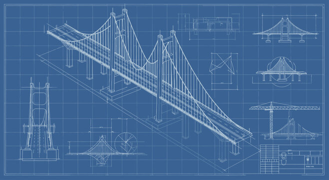 Detailed Blueprint of a Suspension Bridge Design and Architectural Plans.