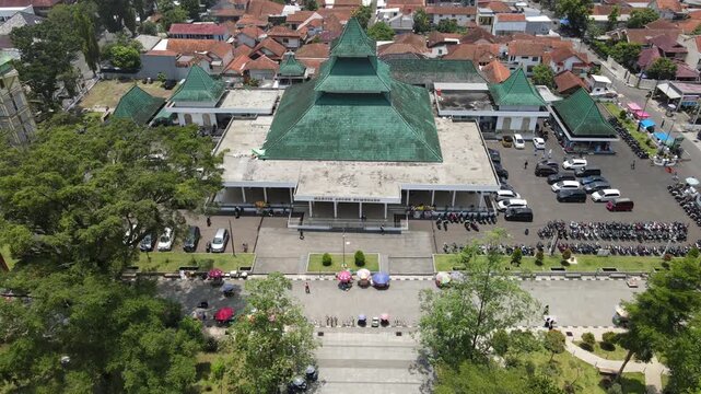 Aerial view of Great Mosque of Sumedang with traditional green tiered roof architecture