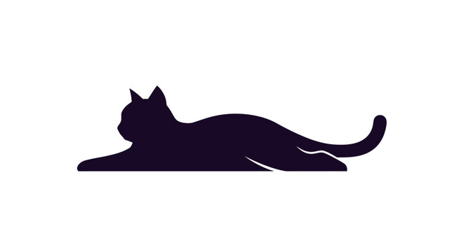 Minimalist black cat silhouette lying relaxed on white background