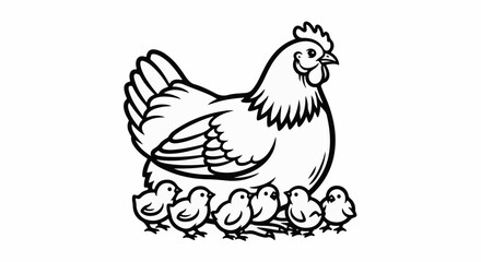 Fototapeta premium A mother hen and her chicks in a simple black and white line drawing