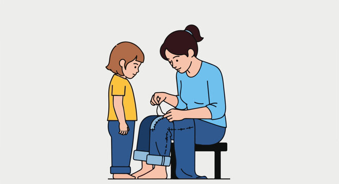 A mother sews a patch onto her child's jeans