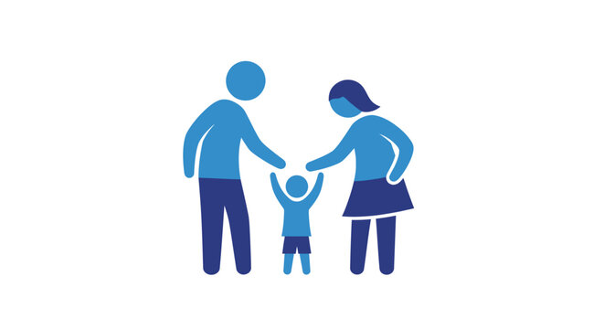 Minimalist blue family icon with parents and small child