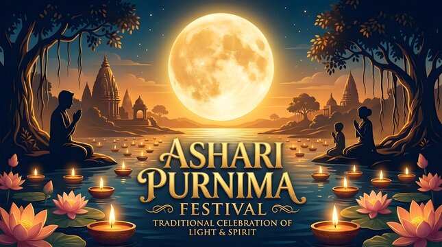 Ashari purnima festival illustration devotees praying by water with temples and full moon

