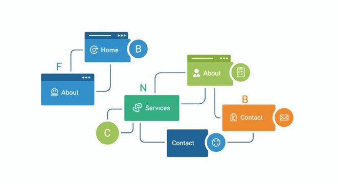 A flowchart illustrating website navigation with interconnected pages and icons