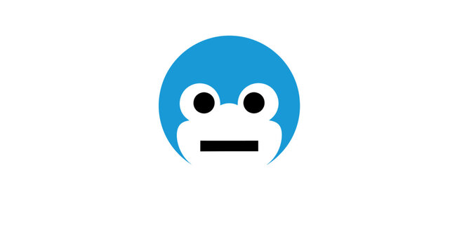 Frog face logo on blue background.