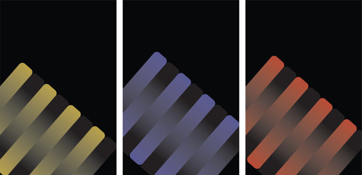 Abstract diagonal gradient stripes on black backgrounds three variations