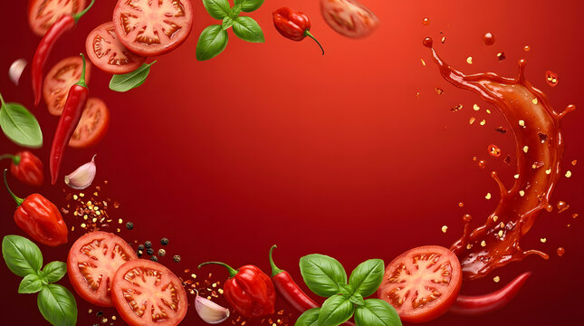 Spicy Hot Sauce Background with Fresh Chili Peppers, Tomatoes and Basil
