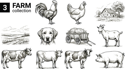Vintage Farm Animal Collection Vector Illustration with Cow Pig Goat Rooster and Rural Countryside Engraving Artwork Set © NURUL