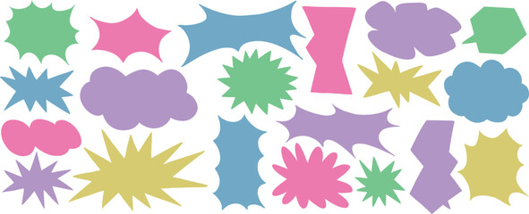 Pastel abstract comic bursts collection with colorful retro speech shapes and playful blobs. Modern Memphis style vector elements for branding posters stickers and social media graphic packs. © Parul