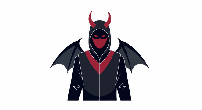 A hooded figure with red horns, a mask, and bat-like wings, rendered in a flat, graphic style