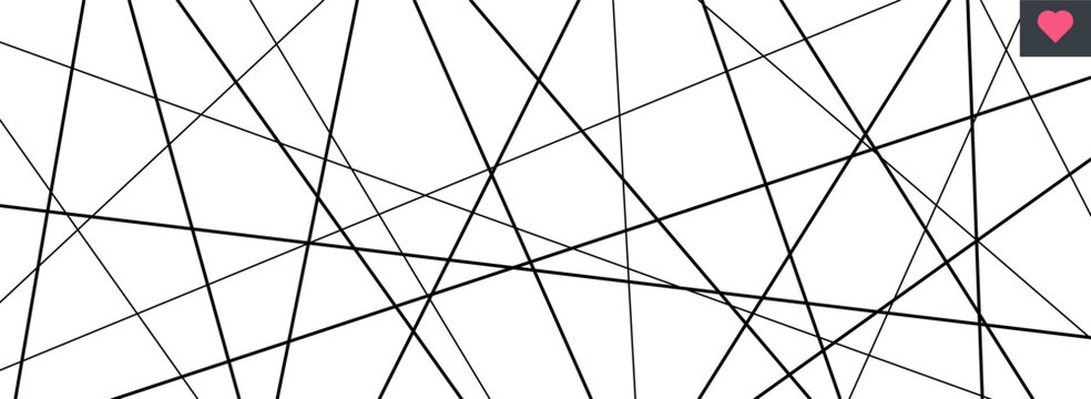 Straight chaotic random line composition in black and white. Horizontal geometric pattern with diagonal elements creates modern monochrome design. Vector illustration isolated on white background