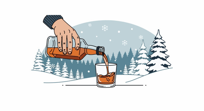 A hand pours amber liquid from a bottle into a glass, with snow falling on evergreen trees