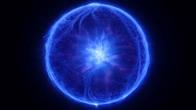 Blue glowing sphere of swirling energy particles against a dark background, representing cosmic power, mystery, scientific discovery, quantum physics, and nebula