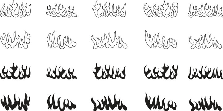 Decorative flame border collection with tribal fire patterns in outline and solid styles. Dynamic burning graphics suit racing themes tattoos and edgy branding. Modern vector ornament set.