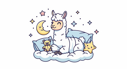 Fototapeta premium A fluffy llama naps on clouds with a teddy bear, moon, and stars