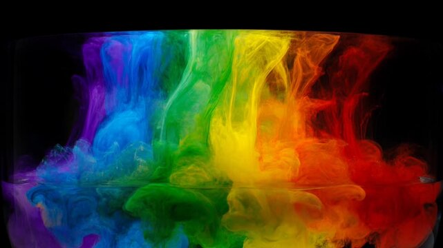 Vibrant rainbow ink droplets diffuse into clear water, symbolizing creativity, fluid motion, transition, artistic expression, colorful blending, and abstract energy