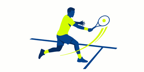Fototapeta premium professional tennis player silhouette in action hitting the ball. Dynamic male athlete with racket on court concept. Vector illustration
