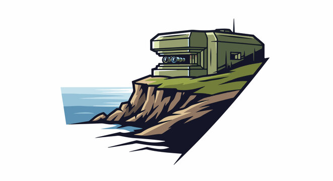 A fortified structure with windows sits atop a grassy cliff overlooking the ocean