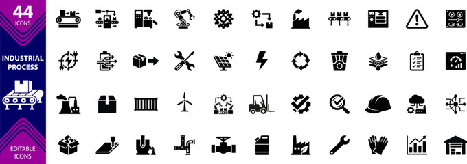 Obraz premium Industrial process icons set with 44 editable symbols for manufacturing engineering and construction