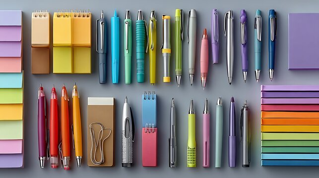 Assorted colorful pens, pencils, and notebooks organized in a desk drawer