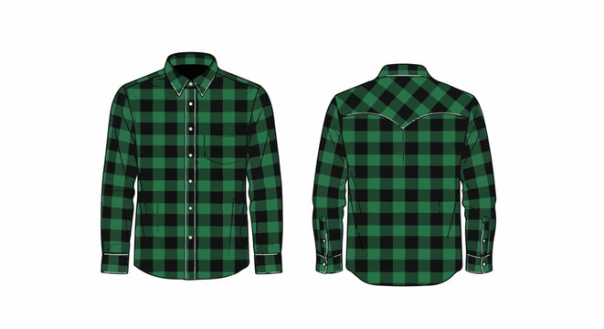A green and black buffalo plaid long-sleeved shirt, front and back views