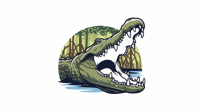 A fierce, cartoon-style alligator bares its sharp teeth while submerged in murky water, with trees in the background