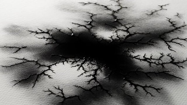 Black ink spreads across textured white paper, forming fractal branch patterns, representing chaos, fluid dynamics, diffusion, growth, and organic expansion