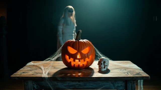 Carved glowing pumpkin with skull on wooden table while ghost woman walks in dark background, representing horror, haunting, eerie atmosphere, and mystic tradition