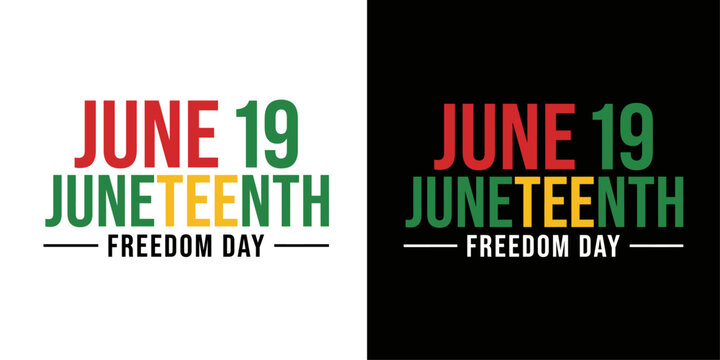 June 19 Juneteenth Freedom Day typography vector design set with clean text layout, African American emancipation celebration holiday logo badge on black and white background
