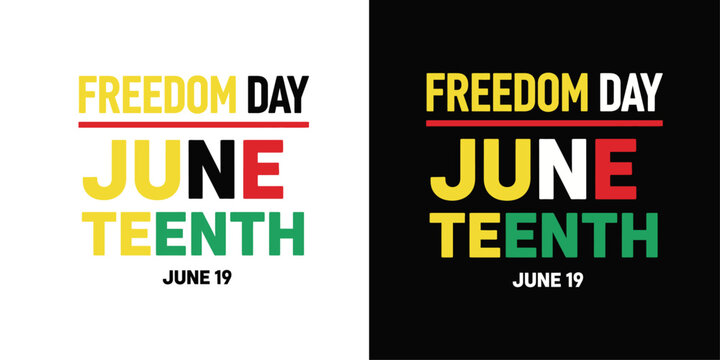 Juneteenth Freedom Day typography vector design set with modern text layout, June 19 African American emancipation holiday celebration logo on black and white background