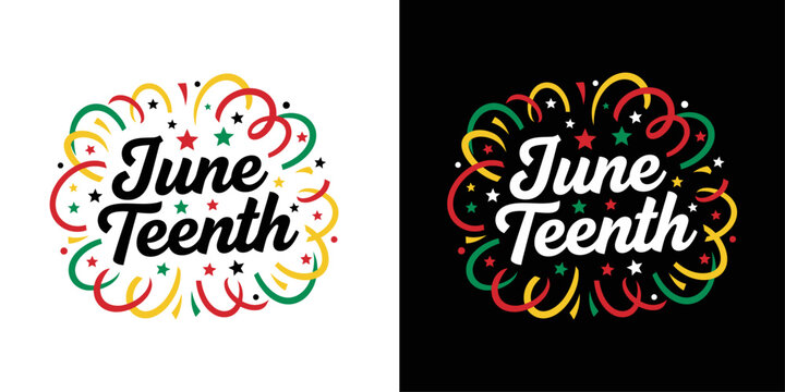 Juneteenth Freedom Day vector typography logo design set with festive confetti, June 19 African American heritage celebration elements on black and white background